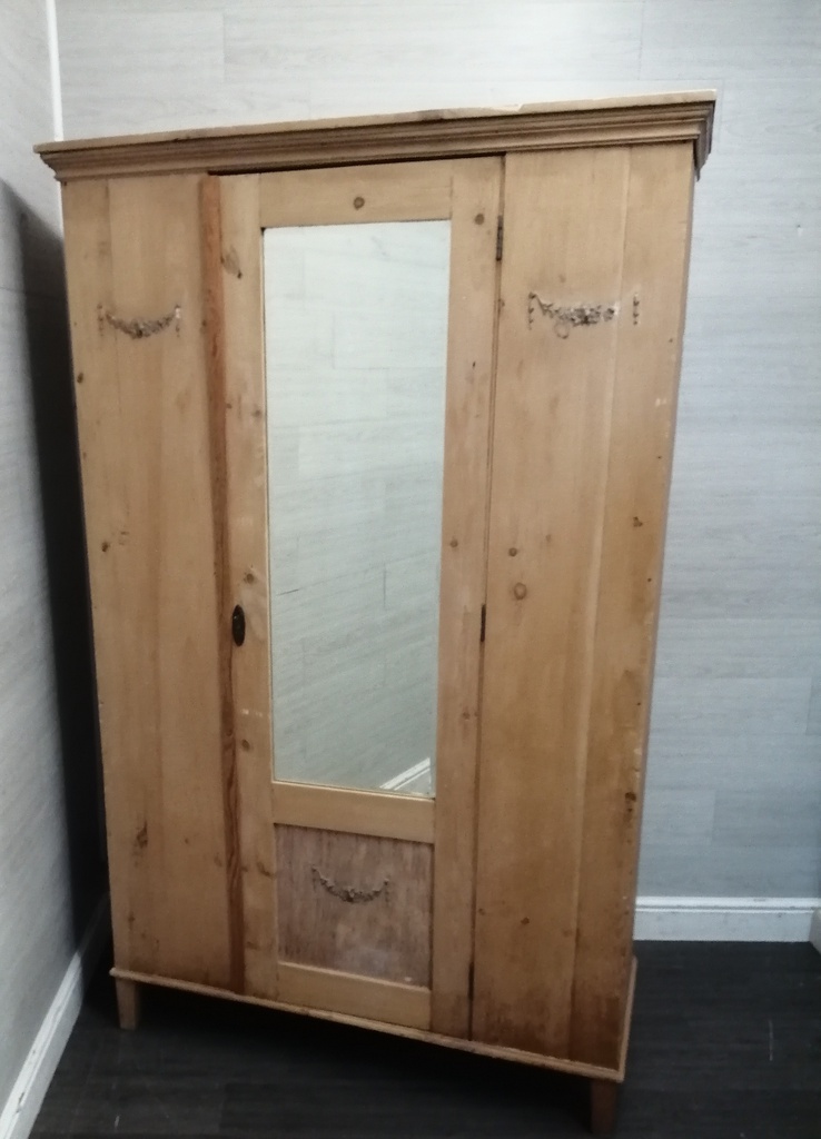 OLD PINE WARDROBE WITH MIRROR
