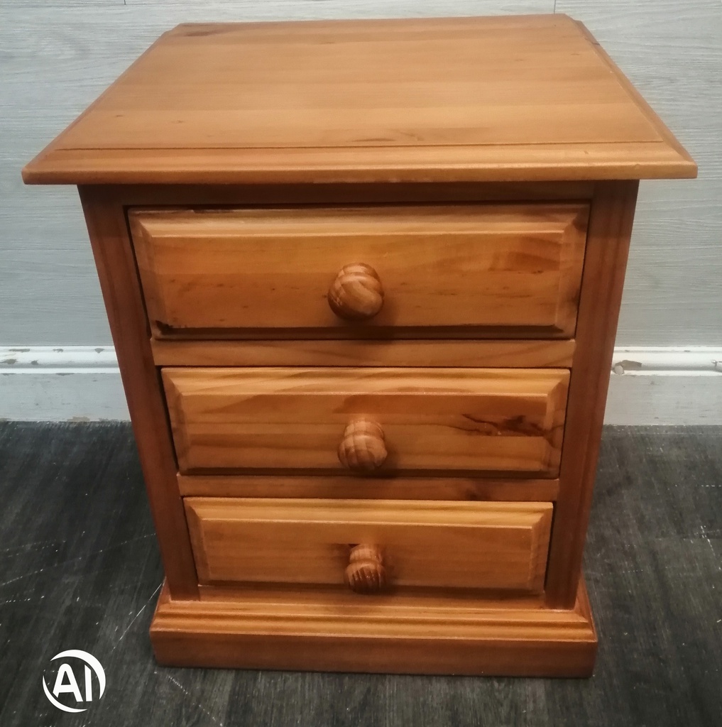 Quality solid pine three drawer bedside chest