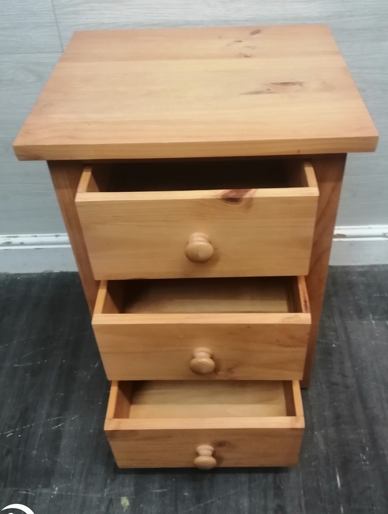 Quality solid pine three drawer bedside chest