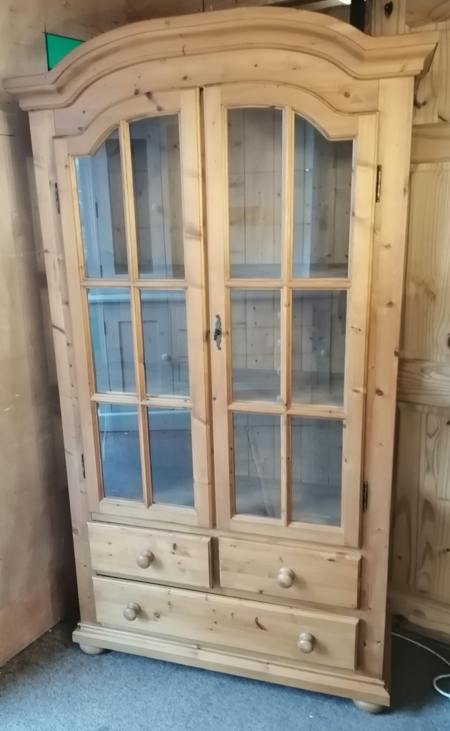 Solid pine glazed  display unit with drawers