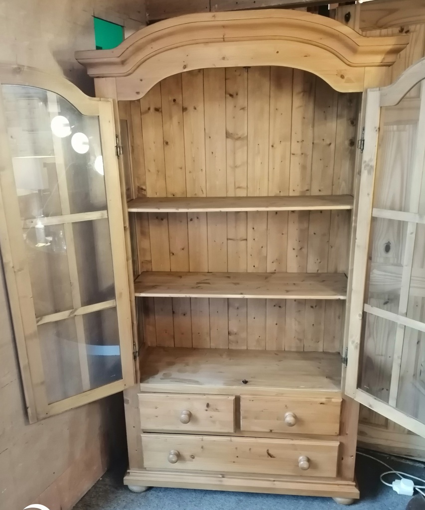Solid pine glazed  display unit with drawers
