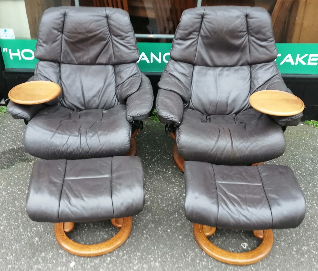 STRESSLESS BROWN LEATHER THREE SEATER RECLINER SOFA