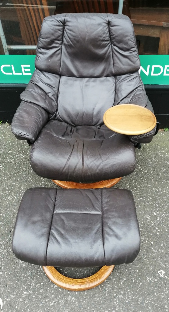 STRESSLESS Brown Leather Recliner Chair with Footstool &amp; Side Table