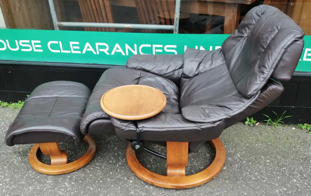 STRESSLESS Brown Leather Recliner Chair with Footstool &amp; Side Table
