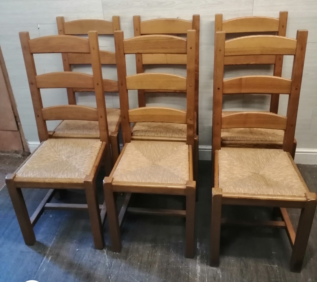 Six X SOLID OAK LADDER BACK DINING CHAIRS.