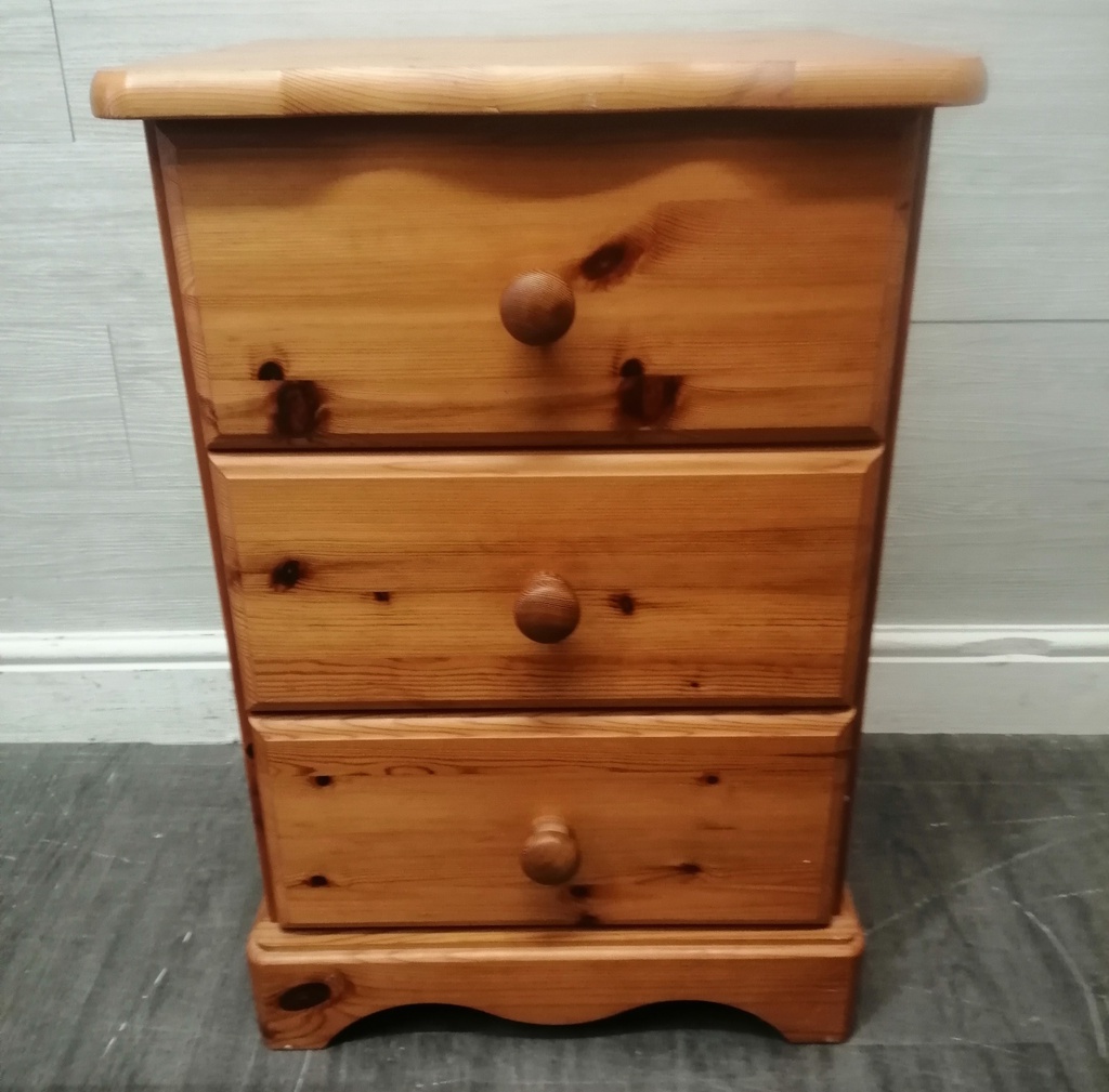 PINE THREE DRAWER BEDSIDE