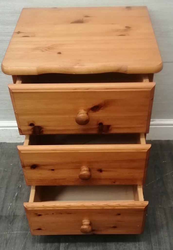 PINE THREE DRAWER BEDSIDE