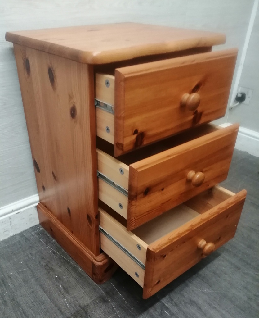 PINE THREE DRAWER BEDSIDE