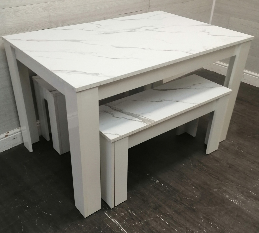 Lovely Marble Effect Dining Table &amp; Two Benches