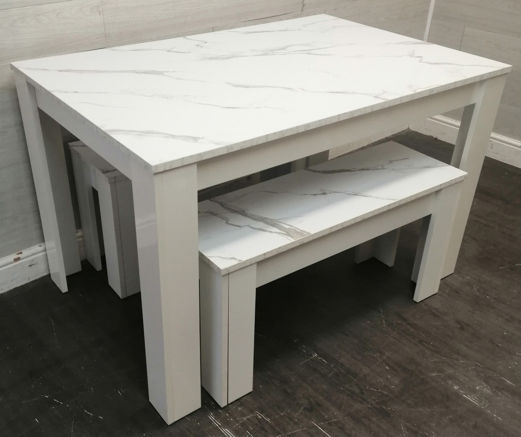 Lovely Marble Effect Dining Table &amp; Two Benches
