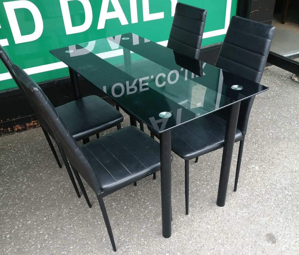 BLACK GLASS TABLE AND 4 CHAIRS