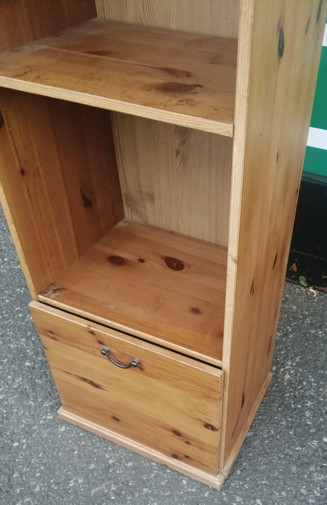 SLIM LINE NARROW PINE BOOKCASE WITH DRAWER