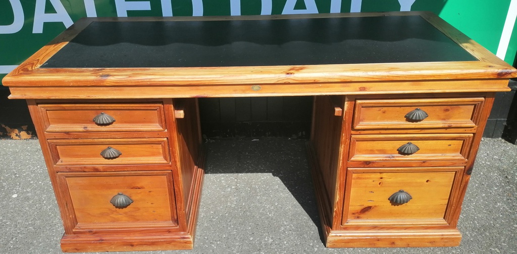 Rustic solid pine leather top pedestal desk