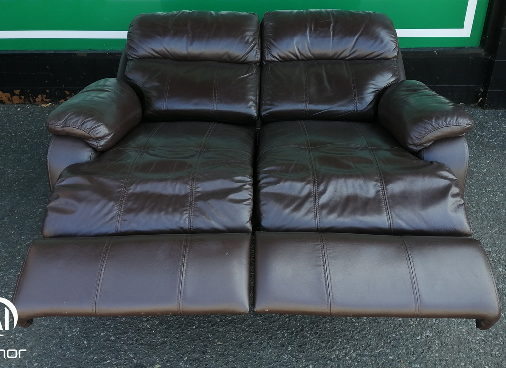 Two seater brown leather recliner sofa