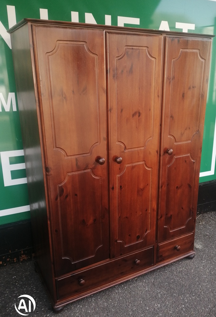Triple size solid dark pine wardrobe with drawers