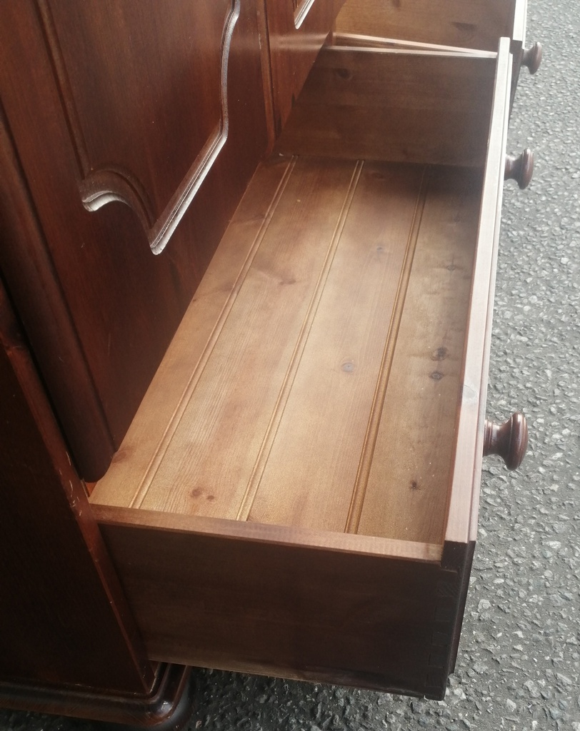 Triple size solid dark pine wardrobe with drawers