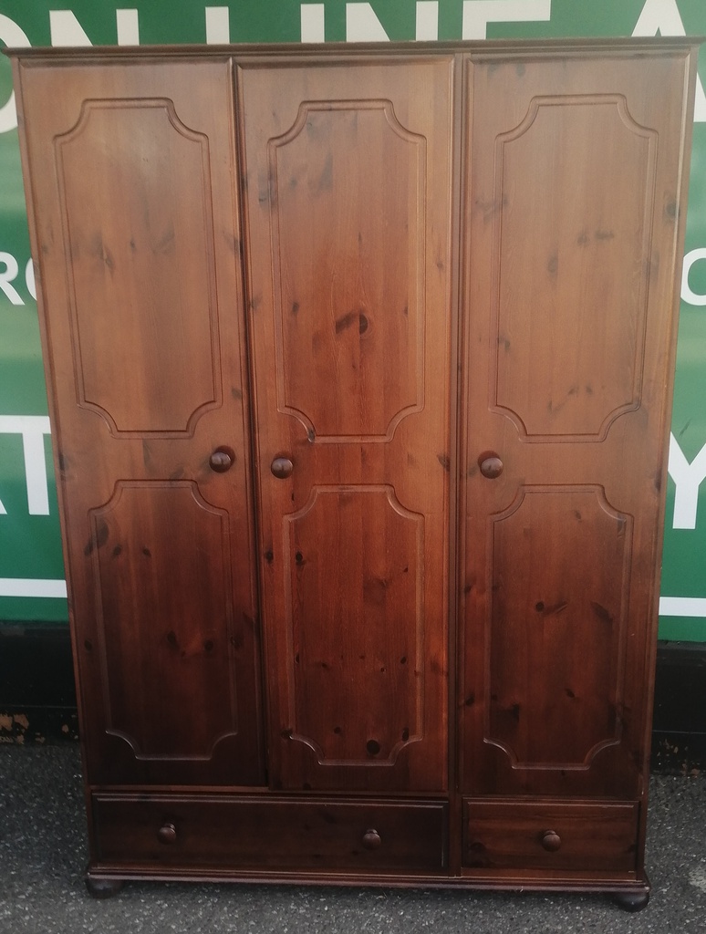 Triple size solid dark pine wardrobe with drawers
