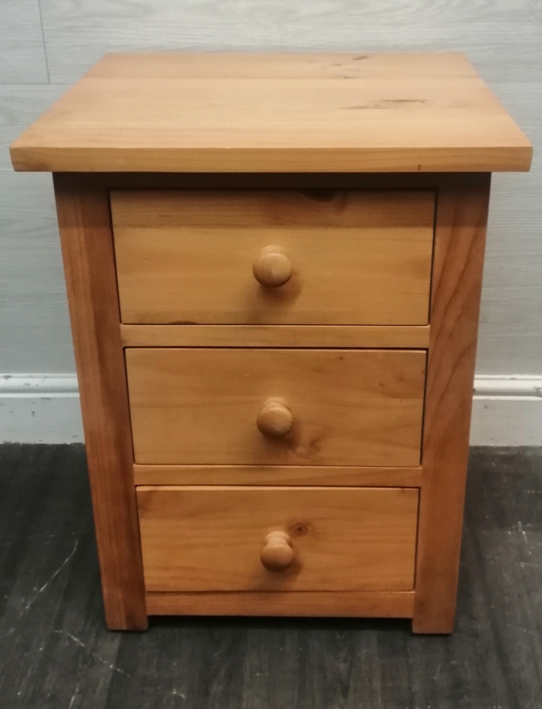 Quality solid pine three drawer bedside chest