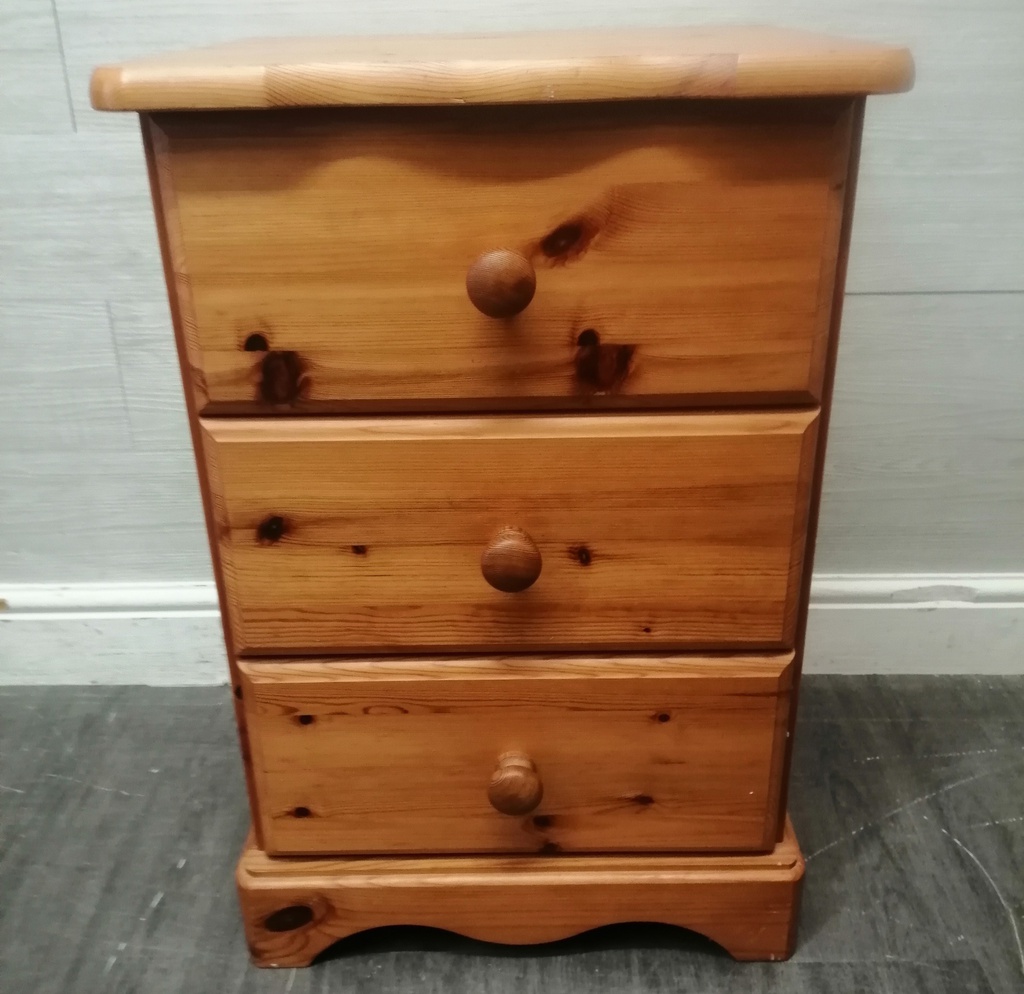 PINE THREE DRAWER BEDSIDE