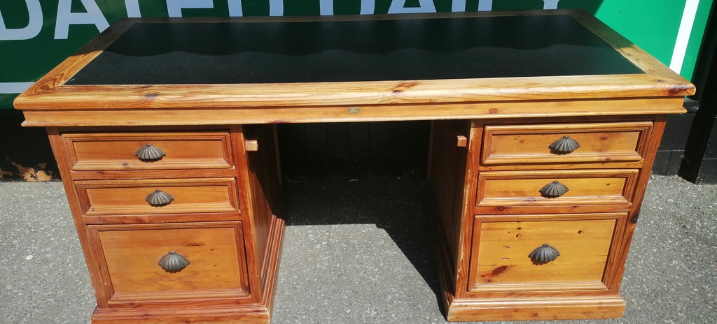Rustic solid pine leather top pedestal desk