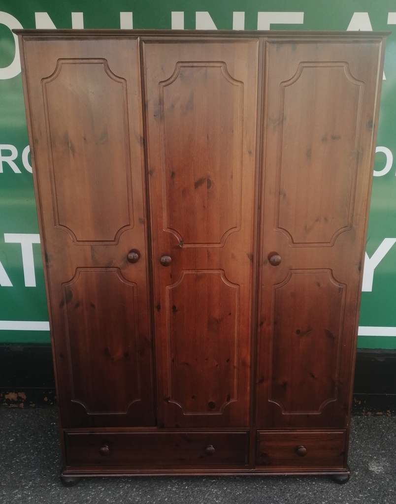 Triple size solid dark pine wardrobe with drawers