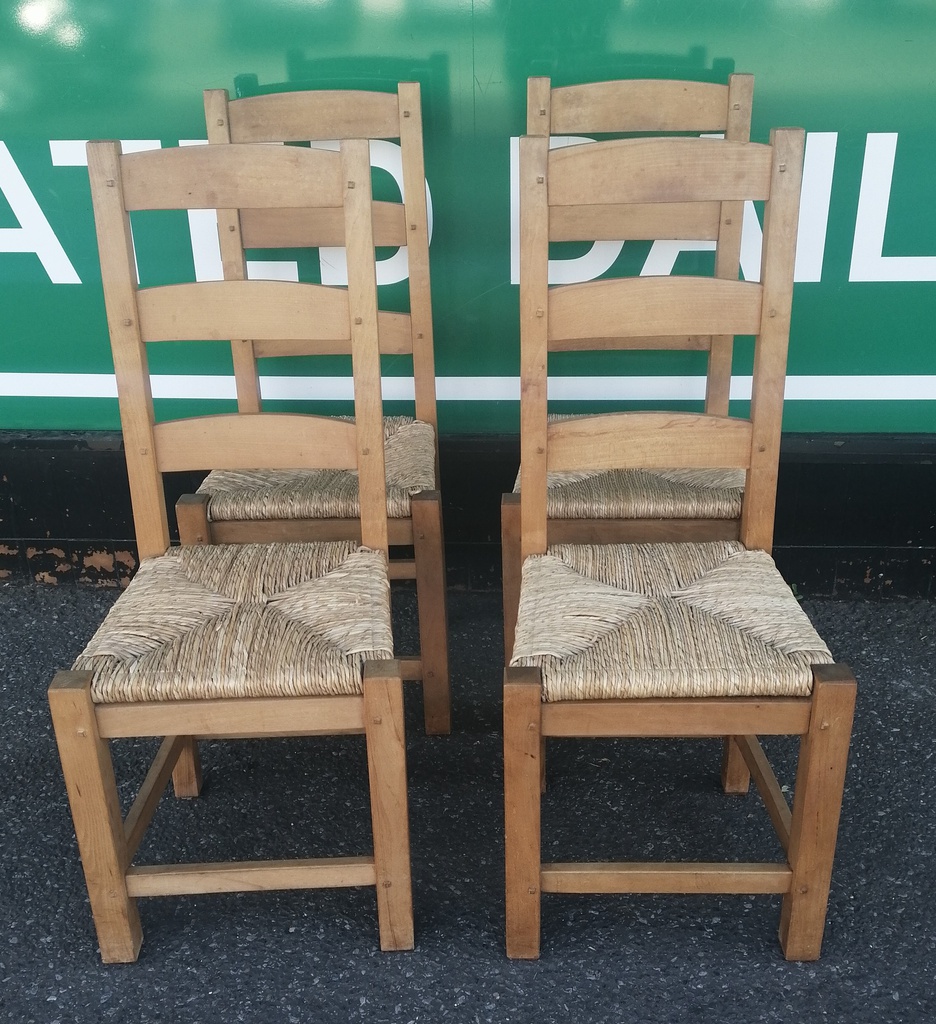 4 X RUSH SEATED LADDER BACK DINING CHAIRS