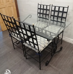 [HF18468] Black Metal Frame Glass Top Table &amp; Four Chairs