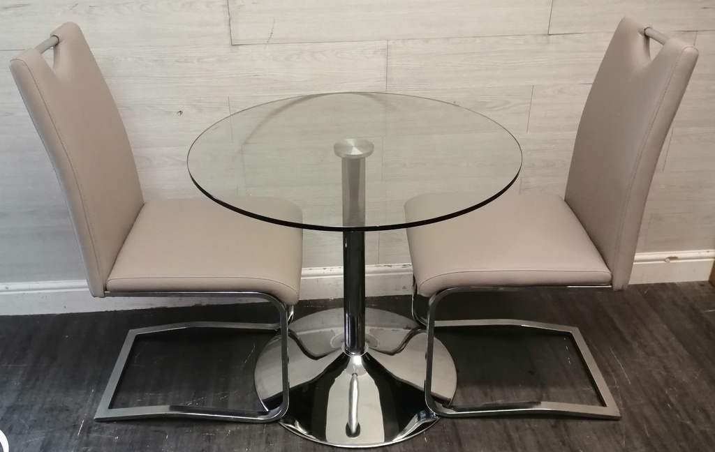 Modern neat round glass dining table &amp; 2 chairs