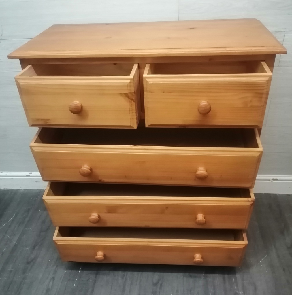 Solid pine five drawer chest