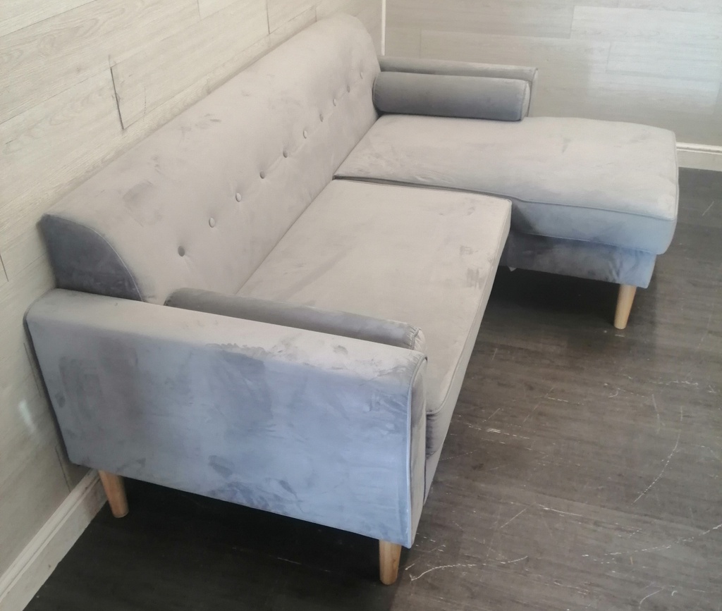 L SHAPE GREY SOFA WITH FOOTSTOOL/COFFEE TABLE