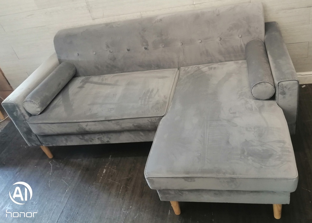 L SHAPE GREY SOFA WITH FOOTSTOOL/COFFEE TABLE