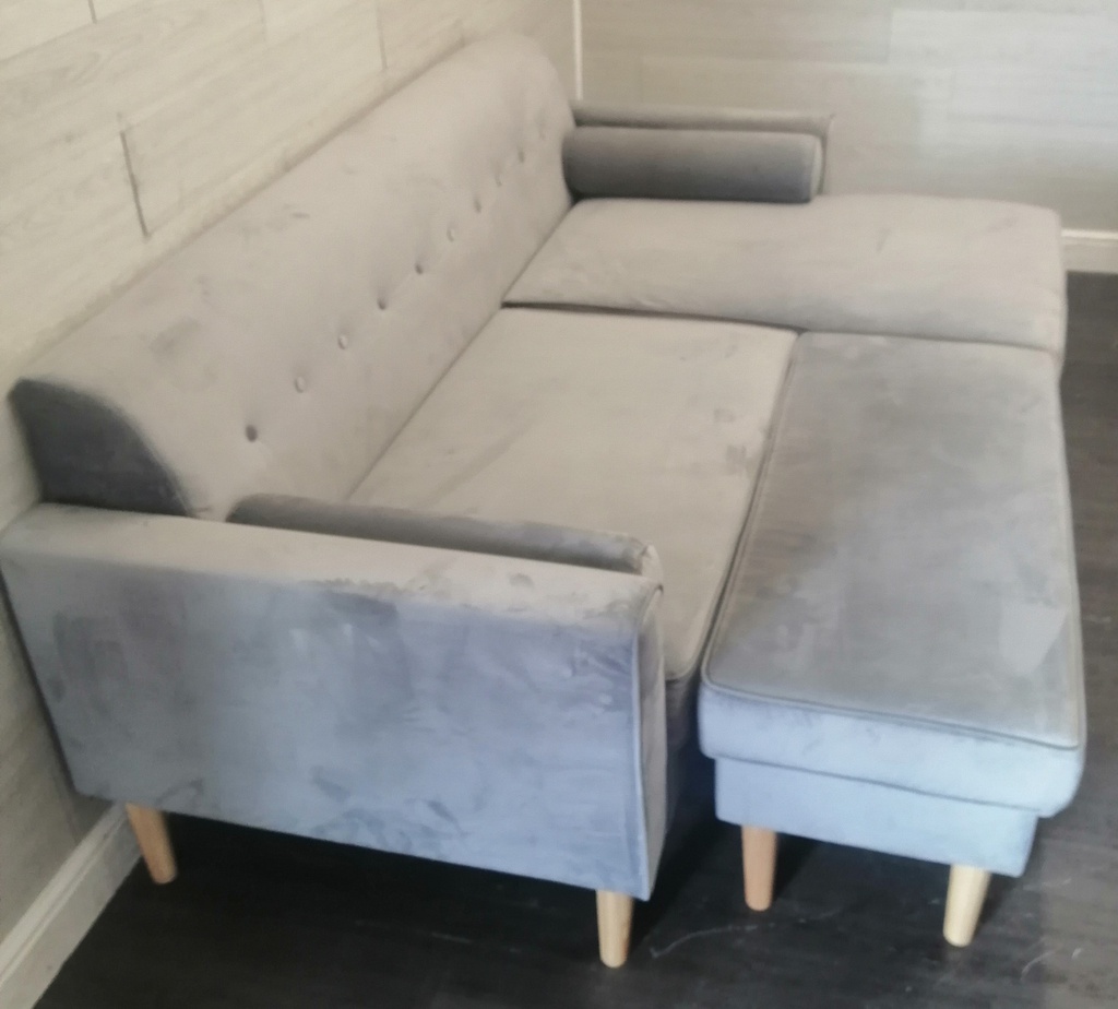 L SHAPE GREY SOFA WITH FOOTSTOOL/COFFEE TABLE