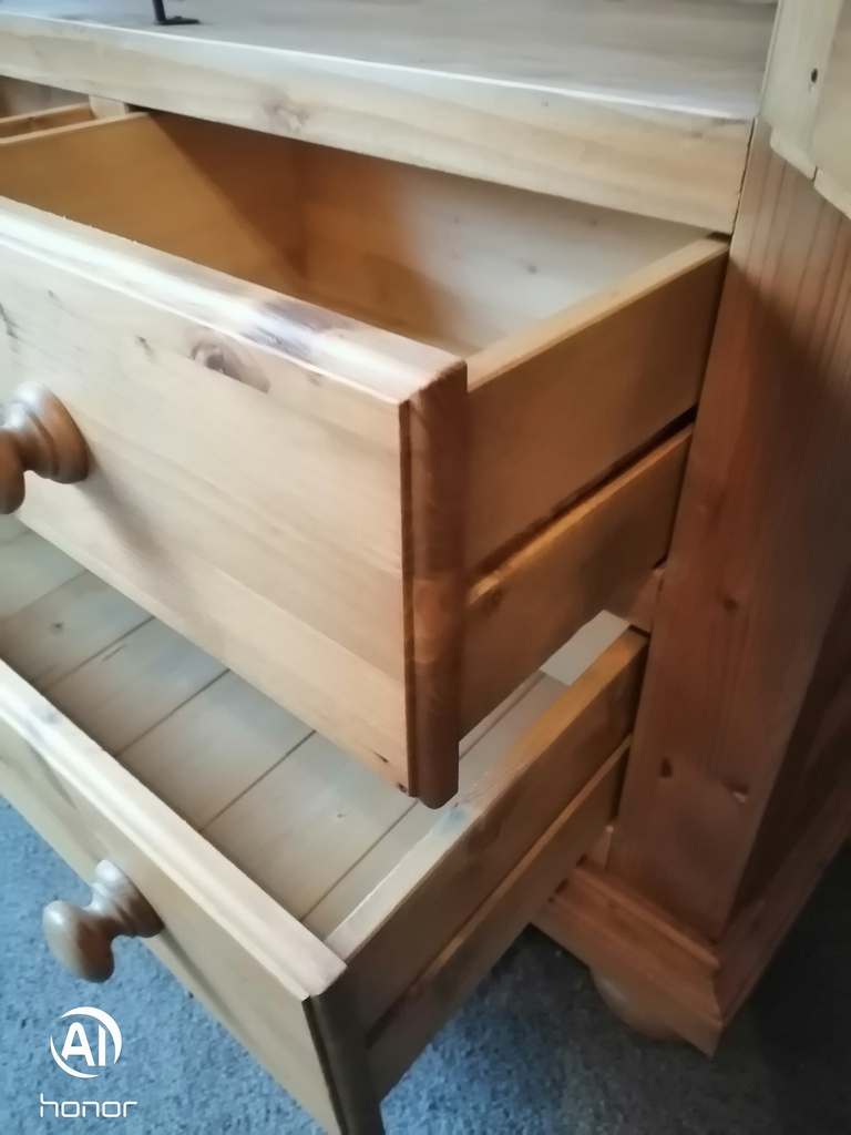 Solid pine glazed  display unit with drawers