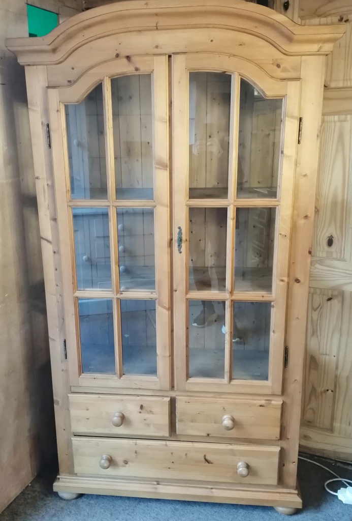 Solid pine glazed  display unit with drawers