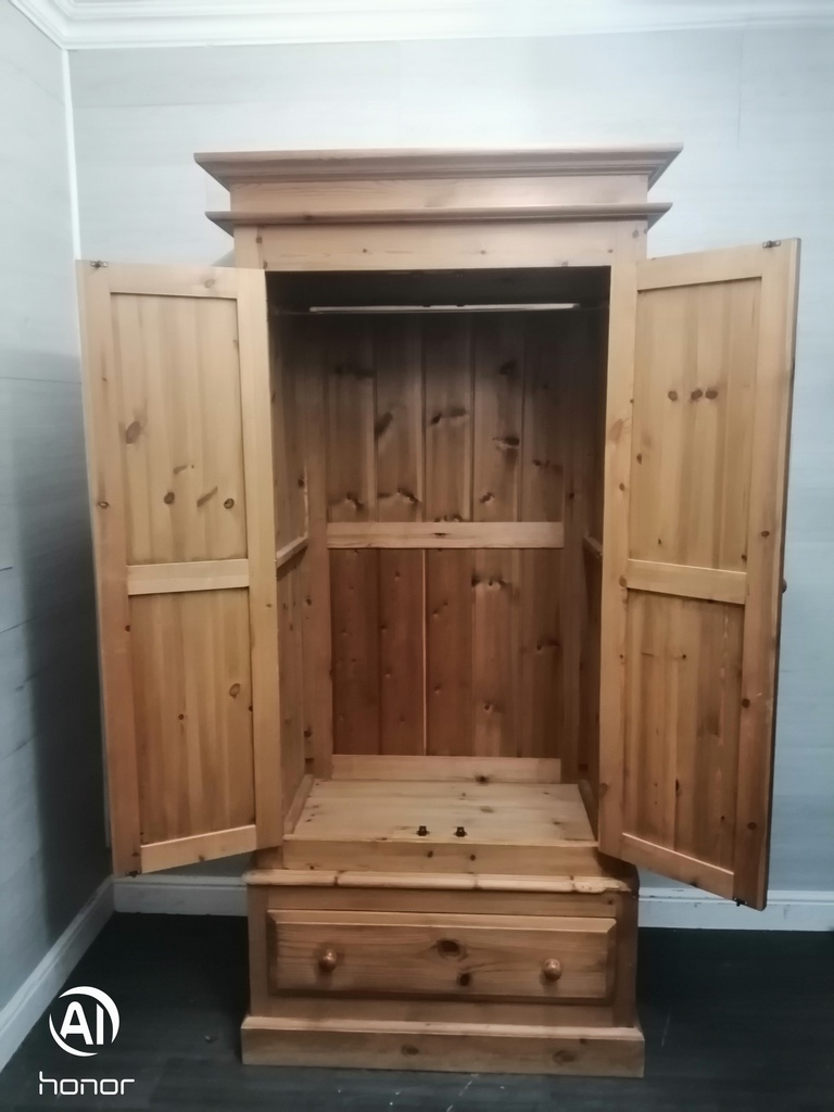 Solid double pine wardrobe with drawer