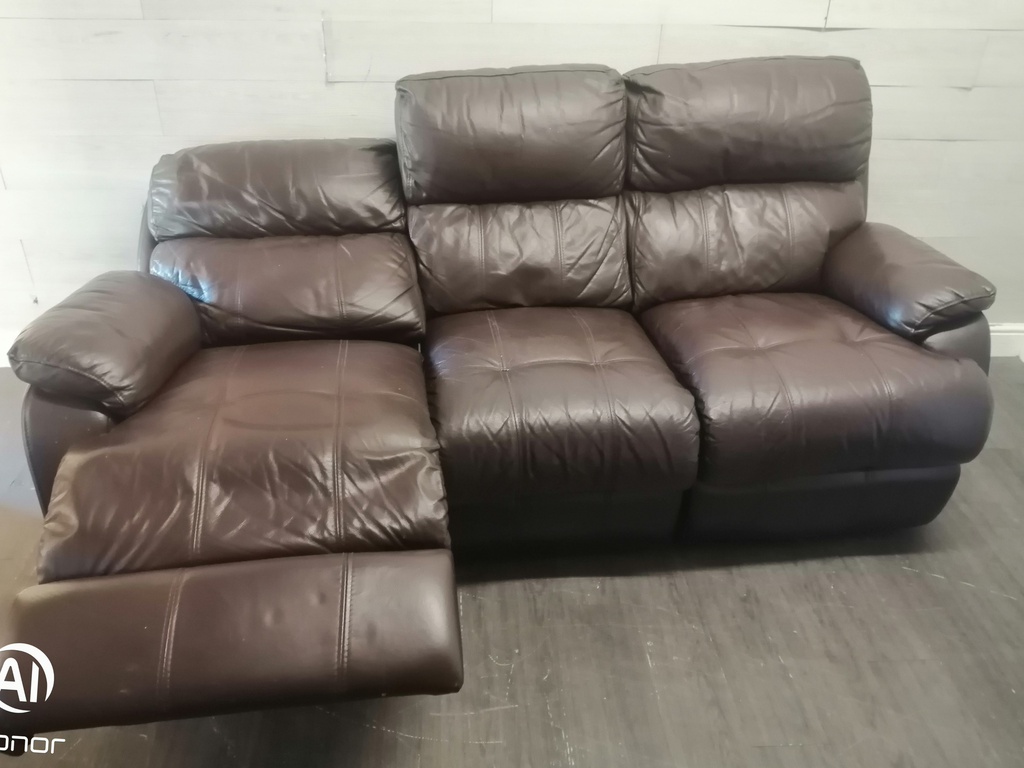 BROWN LEATHER THREE SEATER RECLINER SOFA