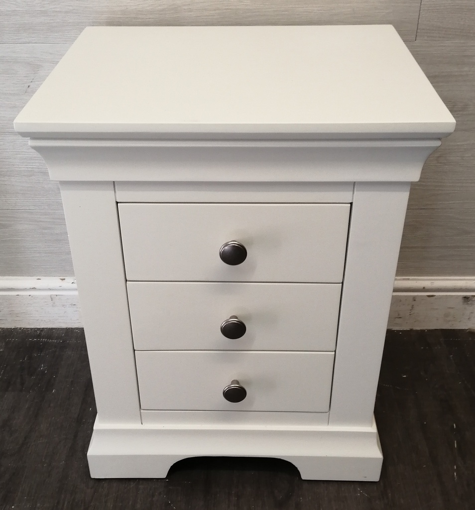 Quality three drawer white bedside