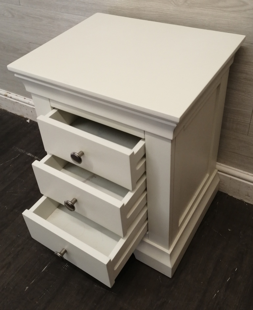 Quality three drawer white bedside