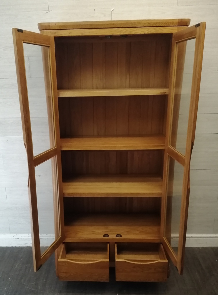 OAK GLAZED FRONTED DISPLAY UNIT WITH DRAWERS