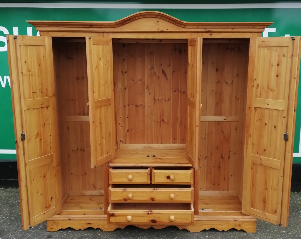 Large Solid Pine Four Door Wardrobe With Drawers