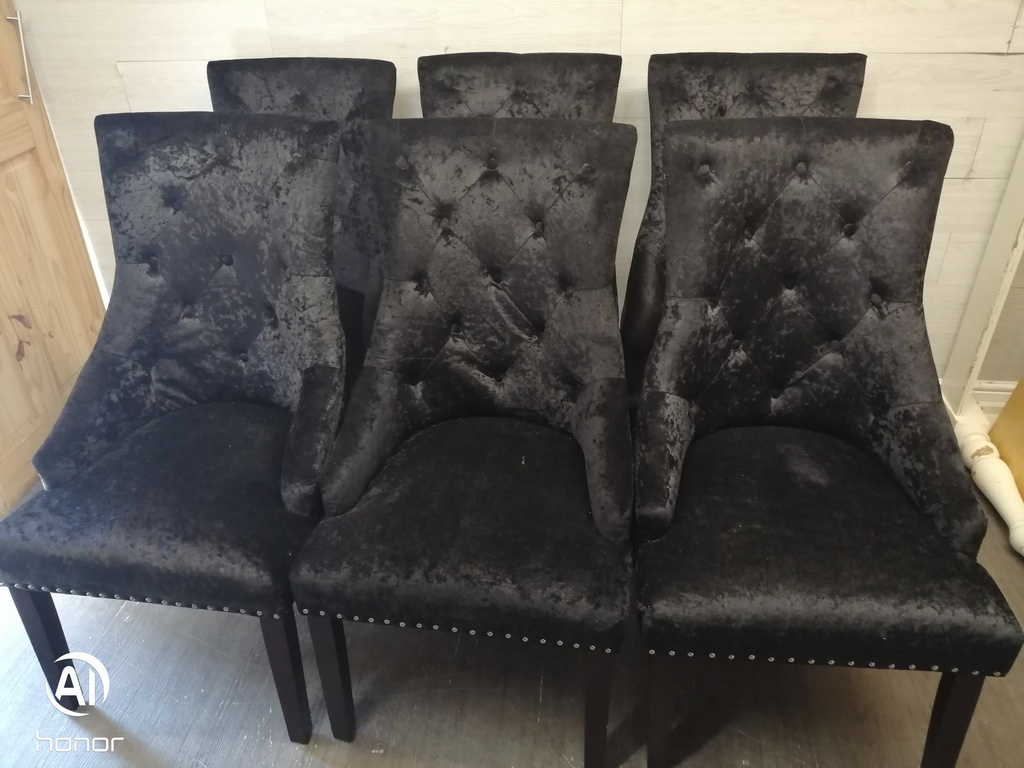 Set Of Six Black Crush Velvet Knocker Back Dining Chairs
