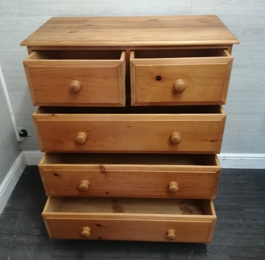 Solid pine five drawer chest