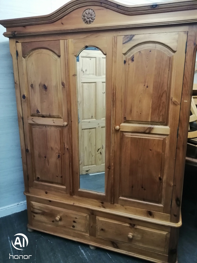 Quality triple size solid pine wardrobe with mirror &amp; drawers