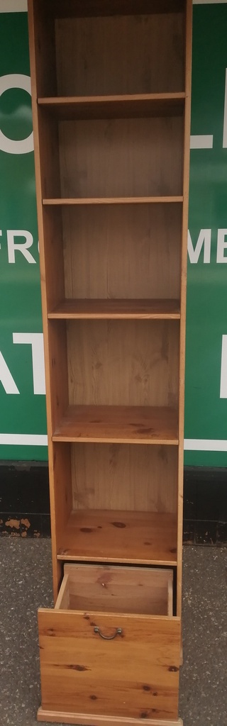 SLIM LINE NARROW PINE BOOKCASE WITH DRAWER
