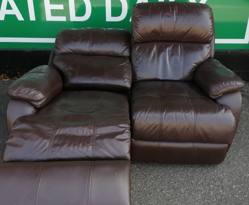Two seater brown leather recliner sofa