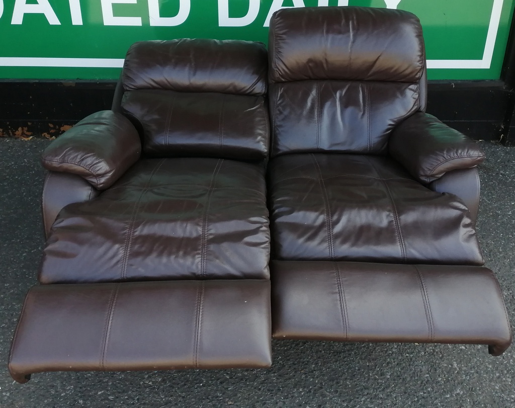 Two seater brown leather recliner sofa