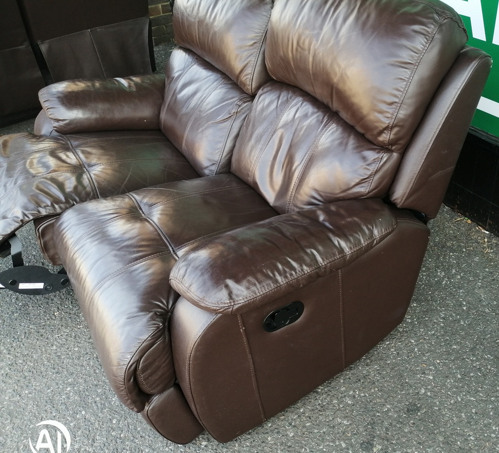 Two seater brown leather recliner sofa