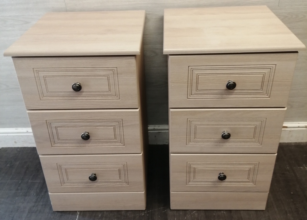 PAIR OF TALL THREE DRAWER CREAM BEDSIDE CHESTS